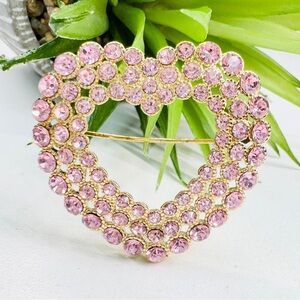 Vintage Y2k Monet Pink Rhinestone Open Heart Gold Tone Brooch